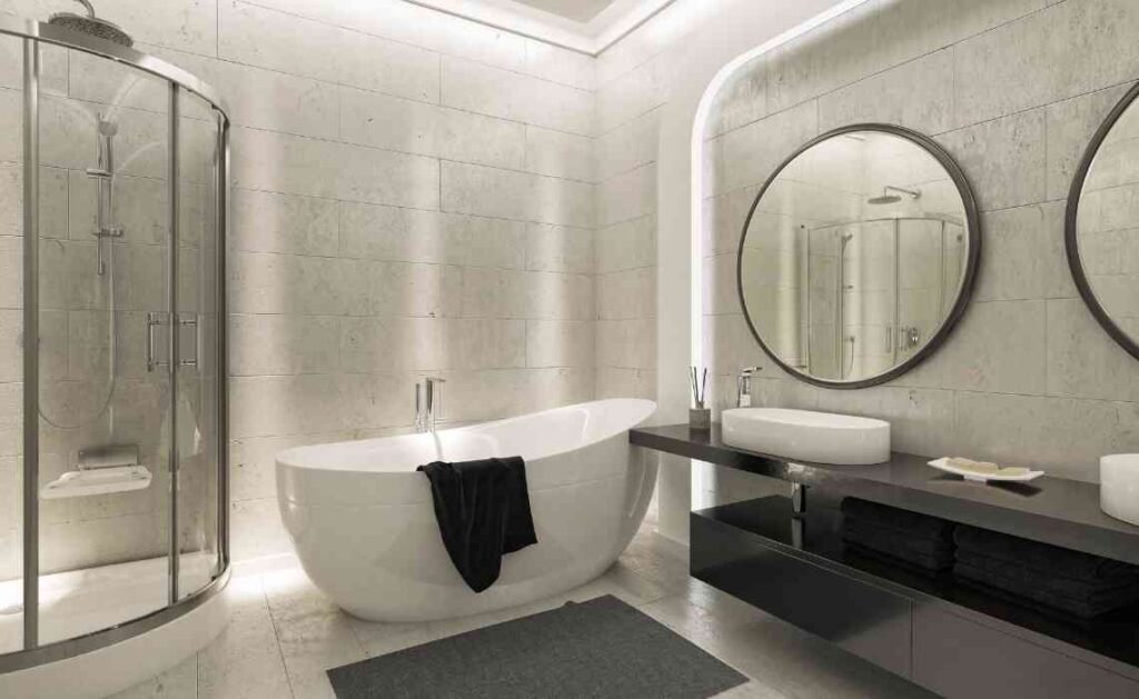 bathroom decor with special lighting and rustic concrete finish