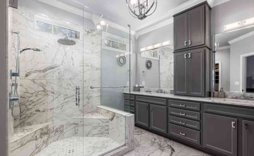 marble finish white bathroom decor
