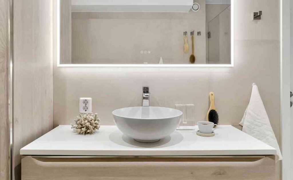 mirror to enhance bathroom decor interior with accent lighting