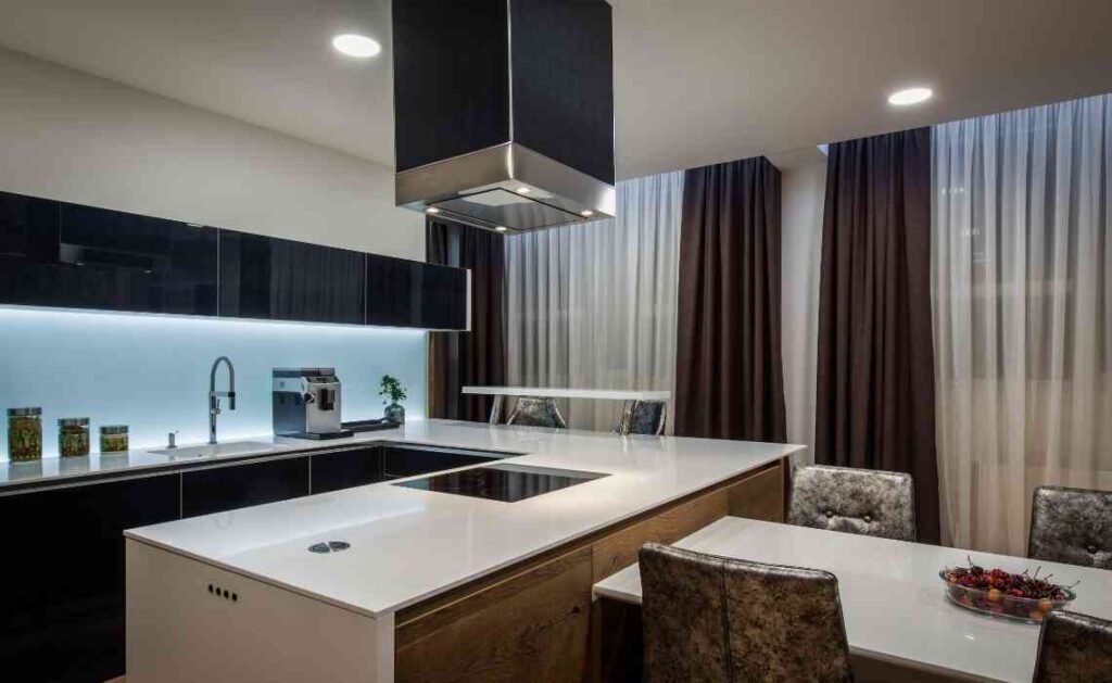 small kitchen decor idea with islant top and dining area combined