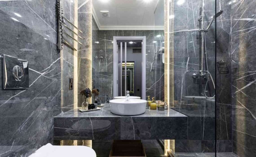 stylish dark marble cladding bathroom decor