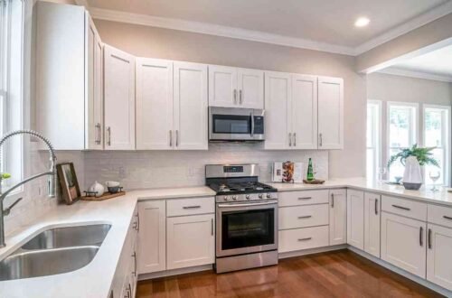 white finish with wooden flooring for kitchen decor