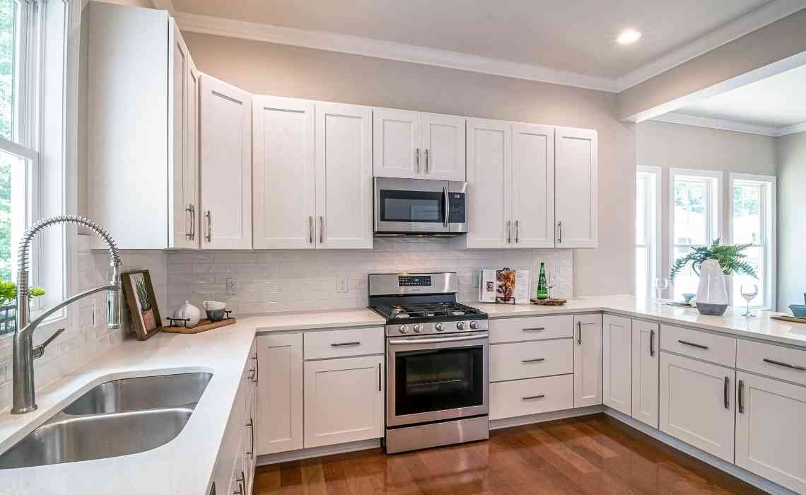 white finish with wooden flooring for kitchen decor