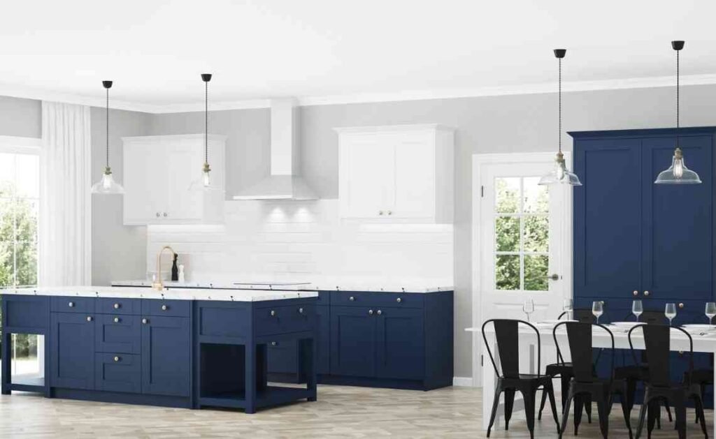 white kitchen decor with navy blue accent