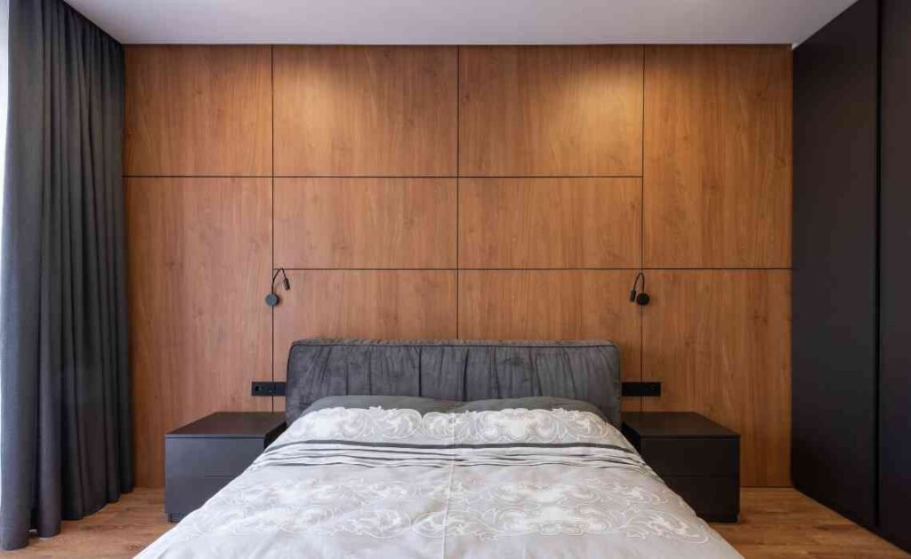 wooden accent wall with dark curtains for bedroom interior decor